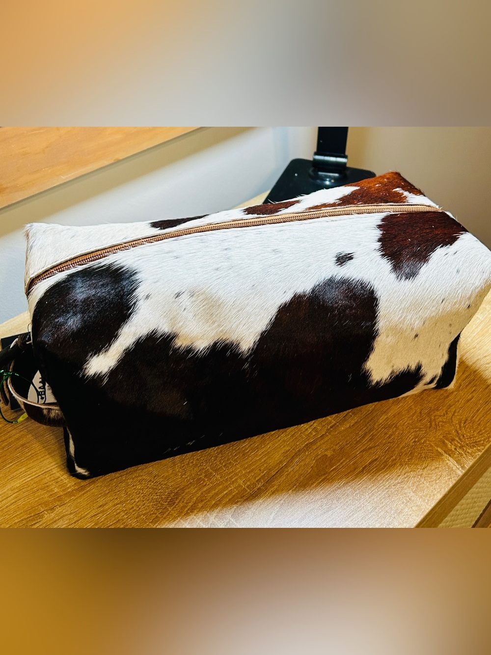 Cowhide Zip Toiletry/Cosmetic Case - Brown, Black and White NWT Unisex